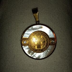 Gold and White Pendant with Saint Benedict Medal